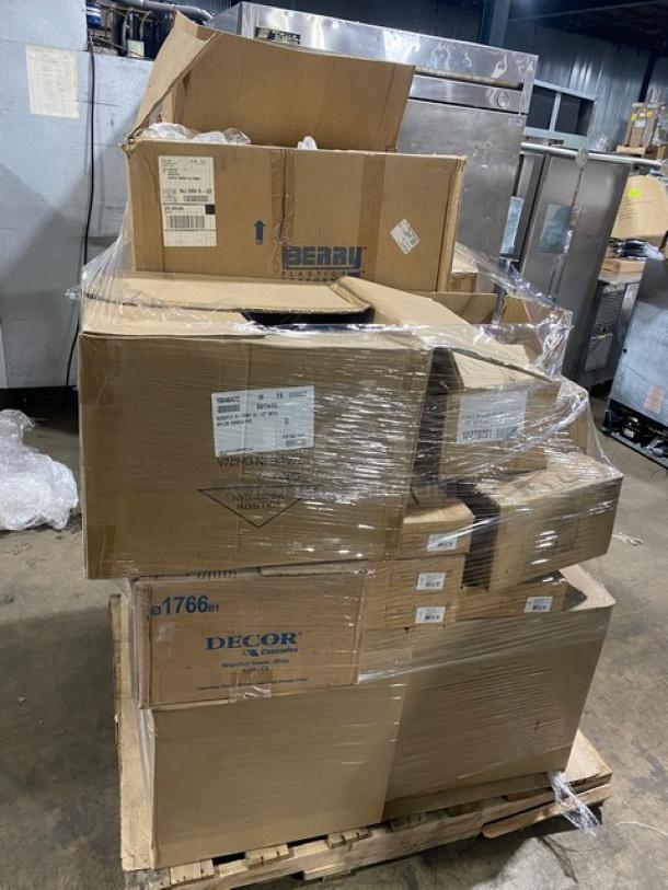 Mixed pallet with Vollrath Traex rack, Cascades Decor towels, Vollrath scraper, PacknWood spoons, and Chef & Sommelier forks.