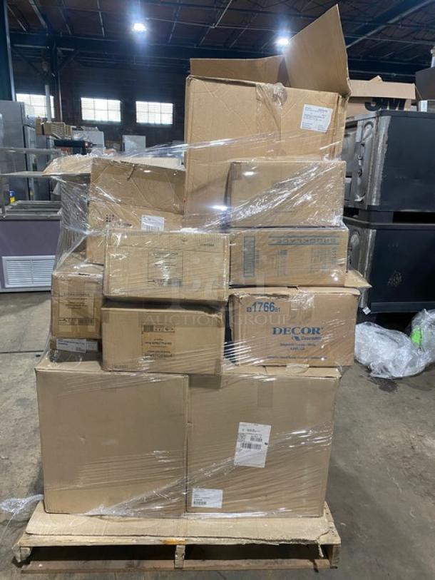 Mixed pallet with Vollrath Traex racks, Cascades towels, and commercial utensils. New, in boxes, valued 39X bid.