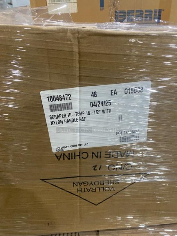 Cardboard box with a tag reading "Scraper Hi-Temp 16-1/2” with Nylon Handle NSF," 48 units, by Vollrath Company, LLC.