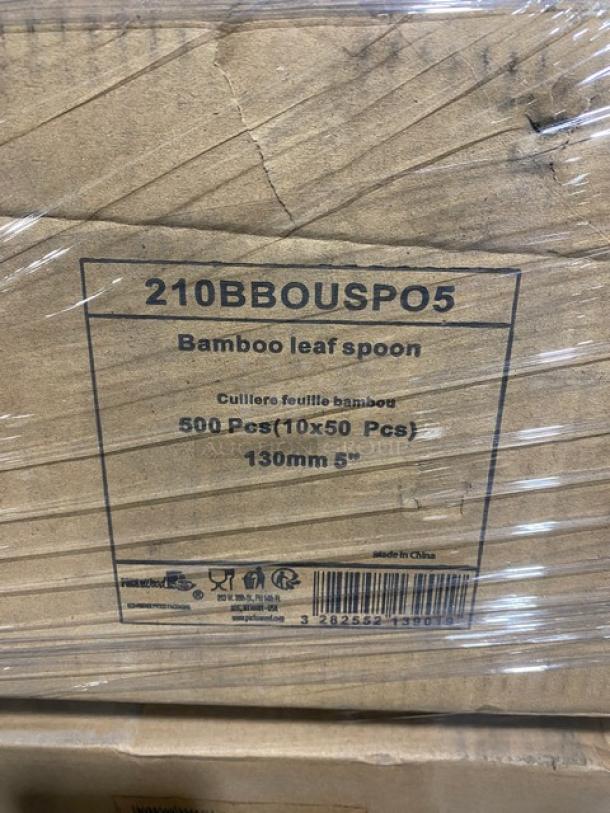 Pallet with PacknWood Bamboo Leaf Tasting Spoon, Model: 210BBOUSPO5, 500 pcs, 5", wrapped in plastic.