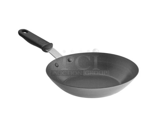 Brand new Vollrath carbon steel fry pan, 9-3/8", ultra non-stick SteelCoat-x3, black silicone grip, model 5923938.