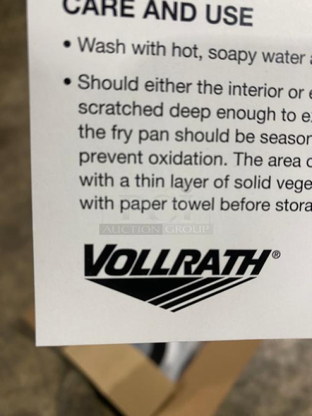 Vollrath round fry pan, model 5923938. Carbon steel, SteelCoat-x3 non-stick, black silicone grip, brand new.