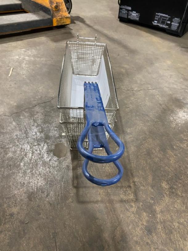 Brand new commercial wired mesh fry basket with front hook, featuring a blue non-slip grip handle.