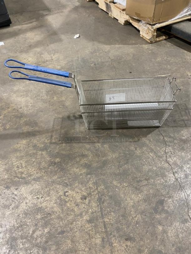 Brand new commercial wired mesh fry basket with front hook and blue non-slip grip handle.