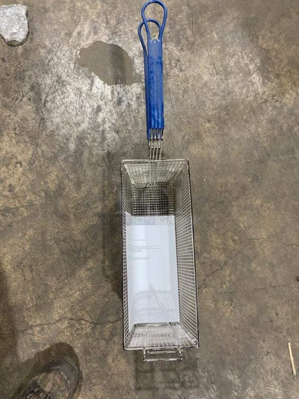 Brand new commercial wired mesh fry basket with front hook, featuring a blue non-slip grip handle.