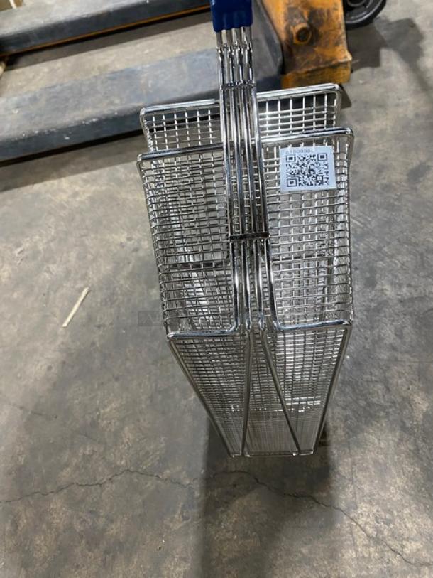 Brand new commercial wired mesh fry basket with front hook, blue non-slip grip handle. QR code visible on side.