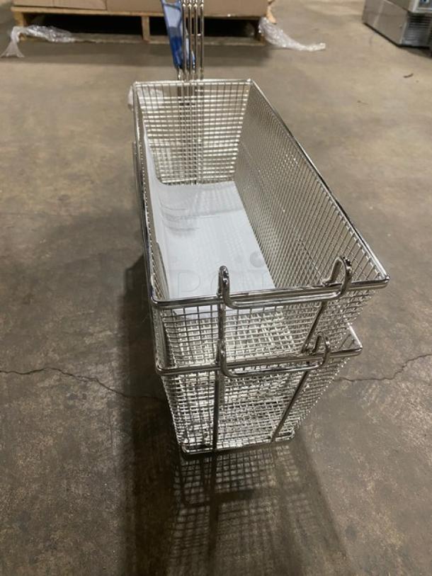 Brand new commercial wired mesh fry basket with front hook and blue non-slip grip handle, ideal for kitchen use.