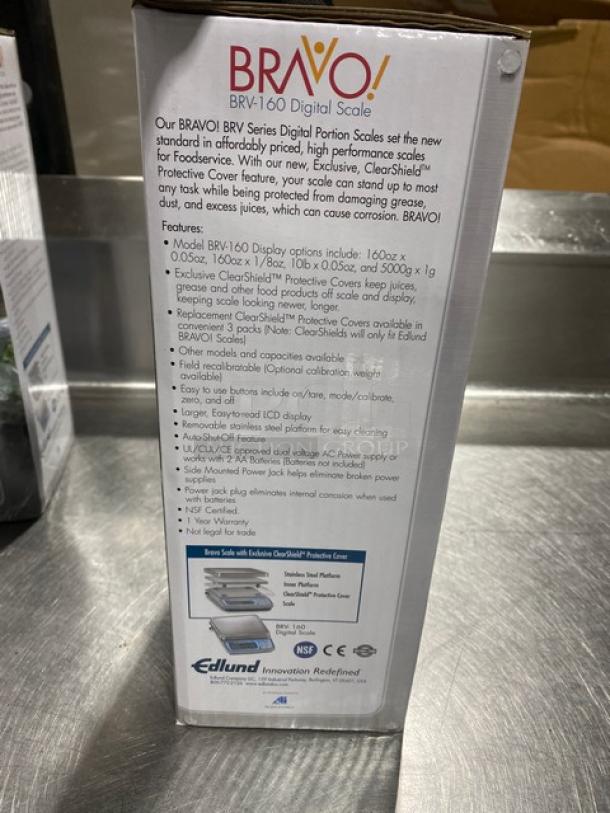 Edlund Bravo Series BRV-160 digital portion scale, stainless steel, 10 lb. capacity, with ClearShield protective cover, new in box.