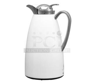 Brand new Service Ideas Classy Series 33.8 oz white powder-coated stainless steel coffee carafe, model CJZ1WHT, with push-button lid.