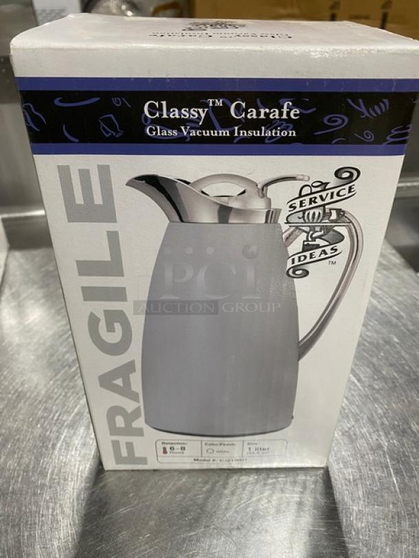 BRAND NEW Service Ideas Classy Series 33.8 oz coffee carafe, model CJZ1WHT, white powder-coated stainless steel, push-button lid.