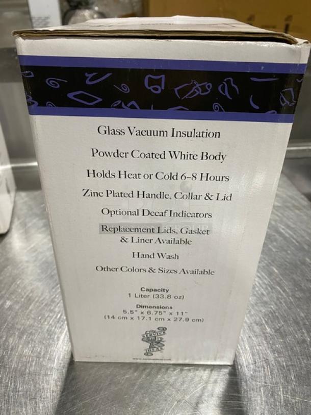 BRAND NEW Service Ideas Classy Series white powder-coated 33.8 oz. coffee carafe with vacuum insulation, push-button lid, Model: CJZ1WHT.