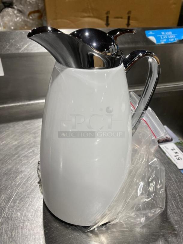 Brand new Service Ideas Classy Series CJZ1WHT coffee carafe, 33.8 oz., white powder-coated stainless steel, push-button lid.
