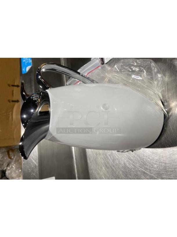 Brand new Service Ideas Classy Series 33.8 oz white powder-coated stainless steel coffee carafe with push-button lid, model CJZ1WHT.