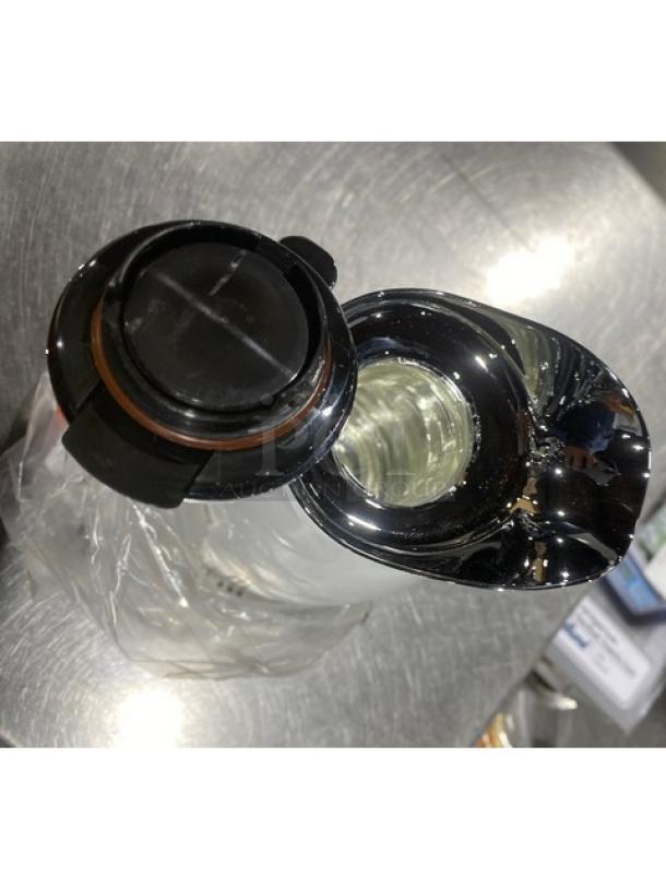 Brand new Service Ideas Classy Series white powder-coated stainless steel coffee carafe, 33.8 oz, CJZ1WHT, with push-button lid.