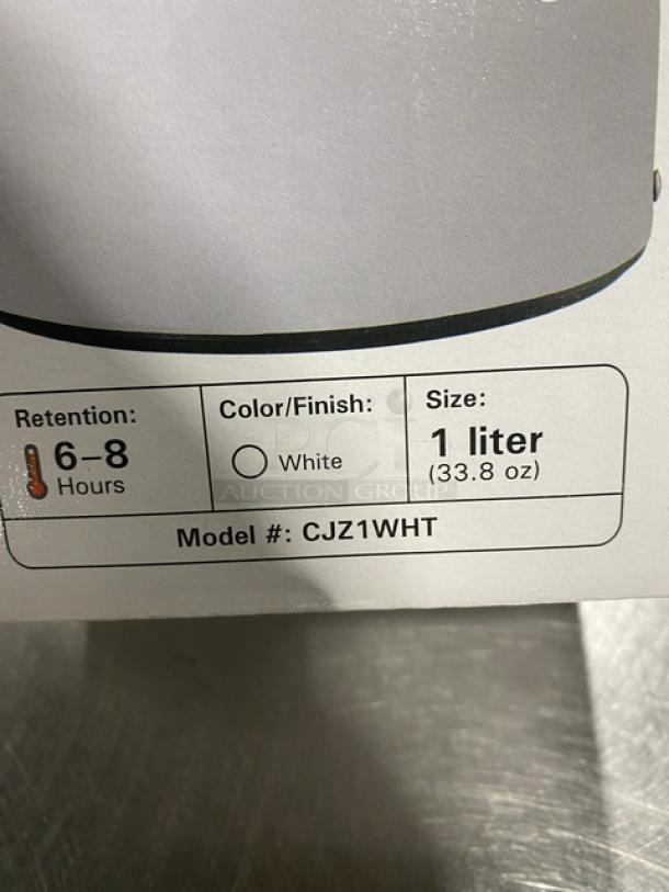 Service Ideas Classy Series coffee carafe, white powder-coated stainless steel, 33.8 oz, vacuum insulated, model CJZ1WHT.