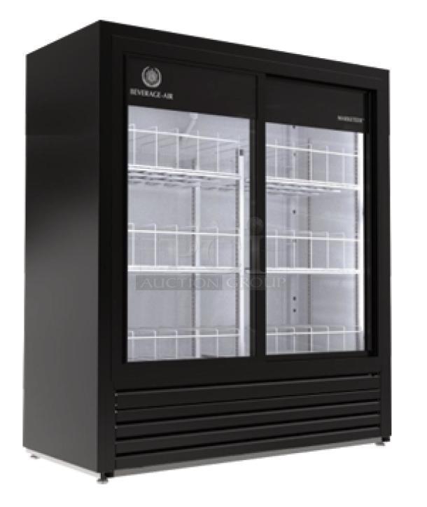 Brand new Beverage-Air Marketeer Series double glass sliding door merchandiser refrigerator, black, Model MT41541SDB.