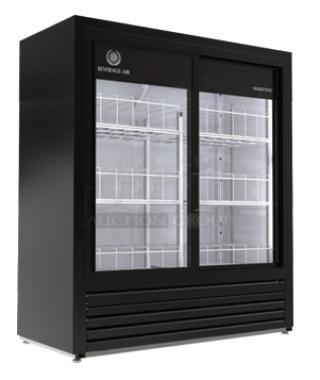 Brand new Beverage-Air Marketeer Series double glass sliding door merchandiser refrigerator, black, Model MT41541SDB.