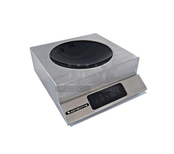 Brand new Equipex Adventys GLW3500 stainless steel induction wok range, single burner, 208/240V, 1 phase, with controls.