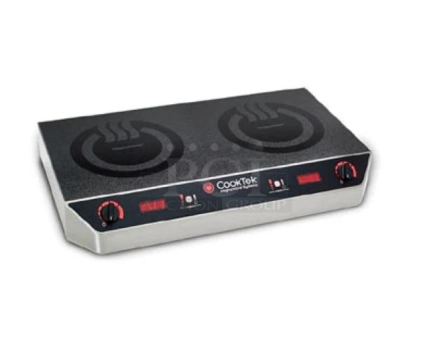 CookTek Heritage Series dual induction range, model 604601, stainless steel, glass-ceramic top, new condition, individual controls.