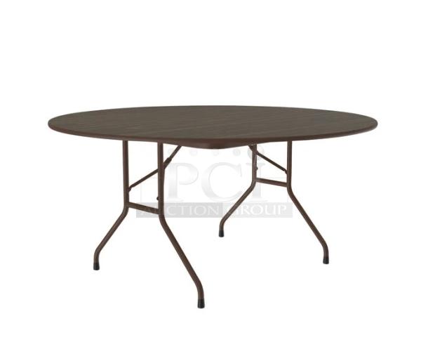 Correll walnut-finished 60" round folding banquet table, model CF60MR01, with foldable wishbone legs, brand new condition.