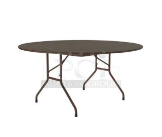Correll walnut-finished 60" round folding banquet table, model CF60MR01, with foldable wishbone legs, brand new condition.