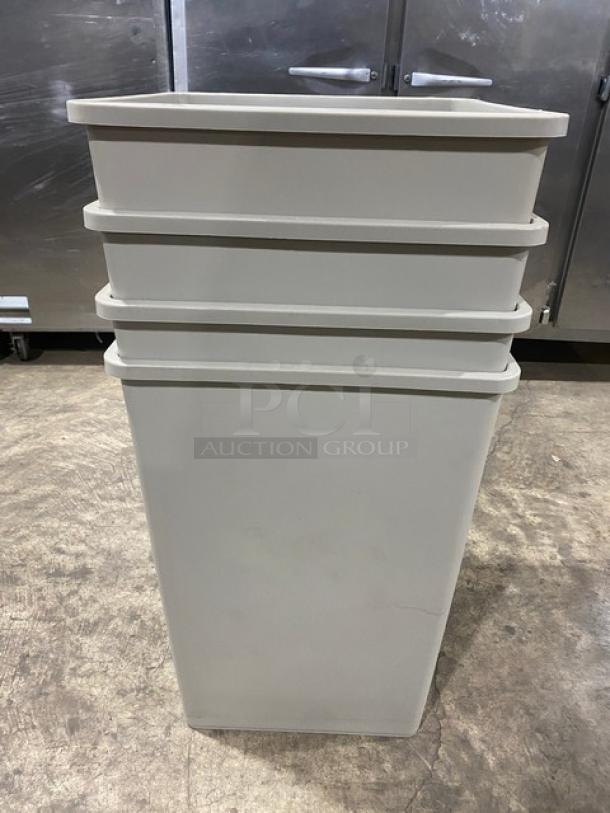 Rubbermaid Commercial Beige 35 Gal. Model 3958 square trash can in new condition, stackable design.