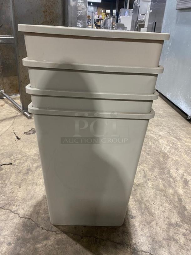 Rubbermaid Commercial 35 Gal. Square Trash Bin, Beige, Model 3958, new condition, stackable design.