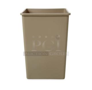 NEW Rubbermaid Commercial Beige 35 Gal. Square Trash Can, Model 3958, pristine condition, durable construction.