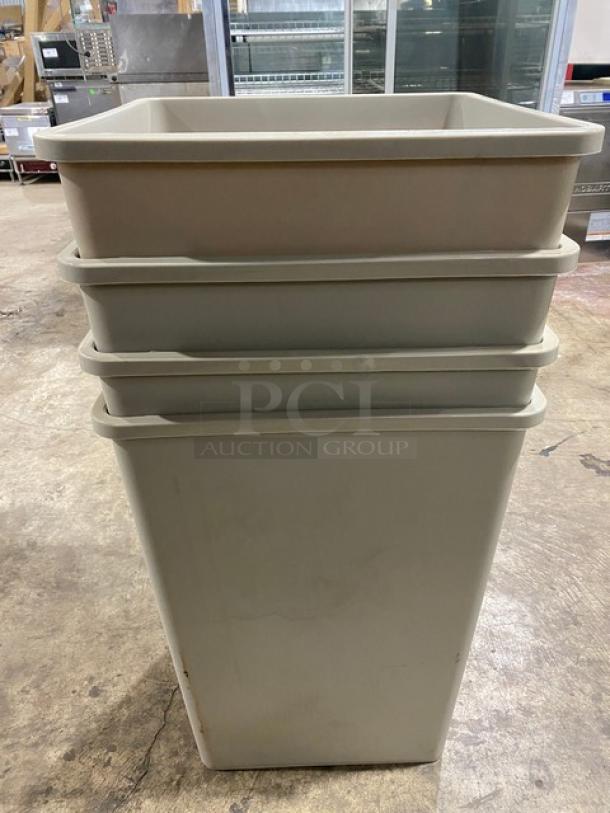 Rubbermaid Commercial beige 35-gallon square trash can, model 3958, new condition. Durable construction, ideal for waste management.