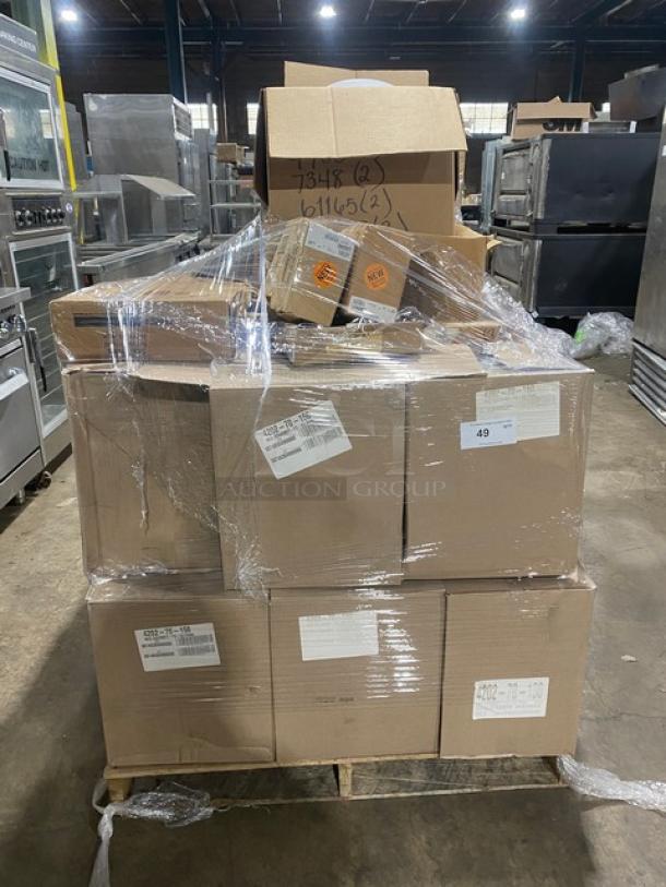 Brand new mixed pallet with Handi-Foil food containers, Cambro tongs, deli spoons, LED light, and disinfectant. Model tags visible.