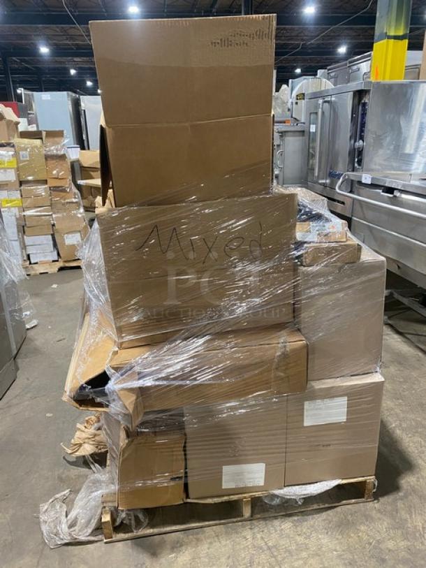 Mixed pallet of brand new commercial supplies, includes Handi-Foil containers, Cambro tongs, deli spoons, and more, wrapped in plastic.