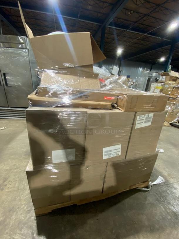 Mixed pallet of commercial kitchen supplies, new in boxes. Includes Handi-Foil containers, Cambro tongs, spoons, LED light.