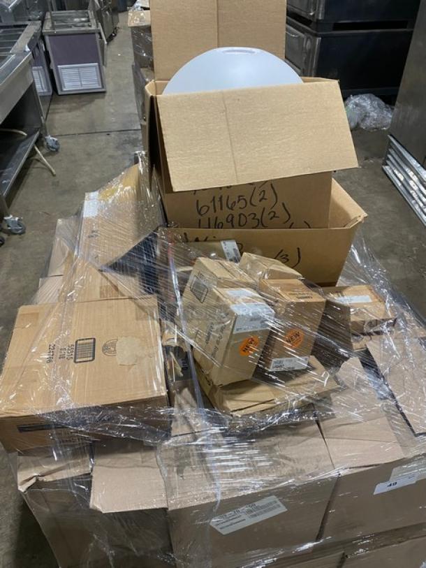 Mixed pallet of assorted commercial items including Handi-Foil containers, Cambro tongs, spoons, and more. Brand new, sealed.