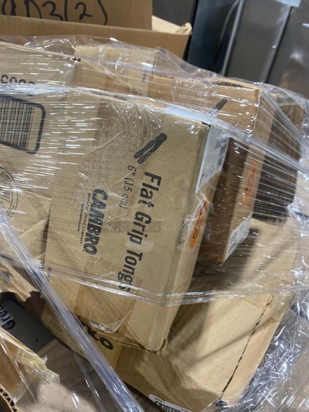Mixed pallet with Cambro 6" tongs, model TG6110, boxed. Features multiple commercial items in original packaging.
