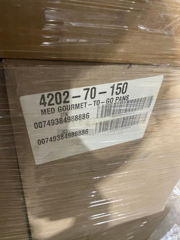 Mixed pallet of commercial food containers and utensils, including Handi-Foil pans, Cambro tongs, and more. Model 4202-70-150 label visible.