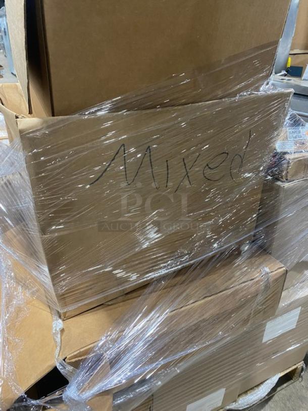 Mixed pallet of new commercial kitchen items, wrapped in plastic. Includes Handi-Foil containers, Cambro tongs, and more.