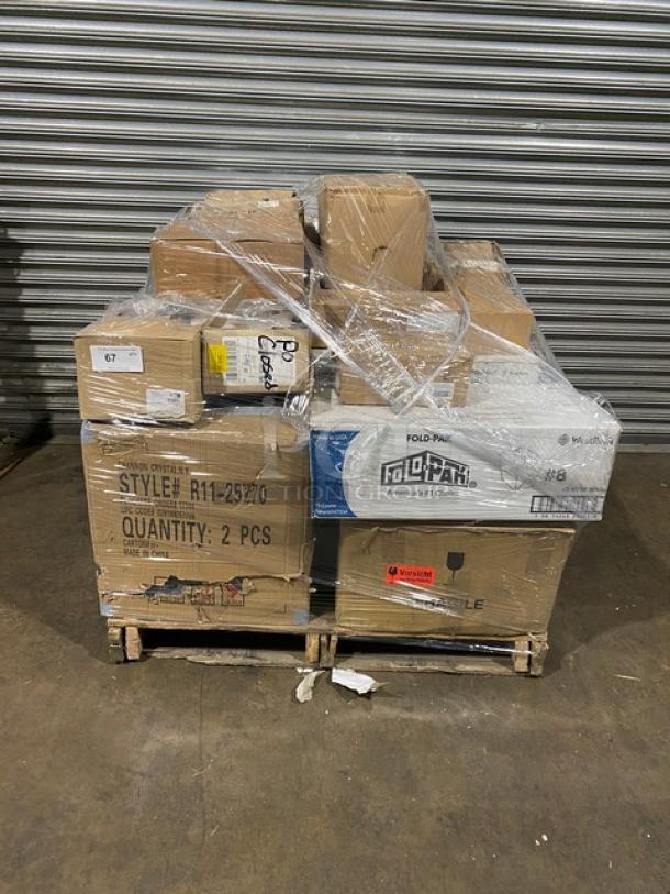 Mixed pallet of commercial kitchen equipment including Arcoroc knives, Carlisle tongs, and more. Items in sealed boxes.