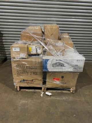 Mixed pallet of commercial kitchen equipment including Arcoroc knives, Carlisle tongs, and more. Items in sealed boxes.