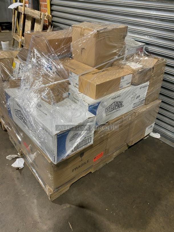 Mixed pallet with brand new commercial kitchen items, including Arcoroc knives, Carlisle tongs, and more. Sealed in plastic wrap.