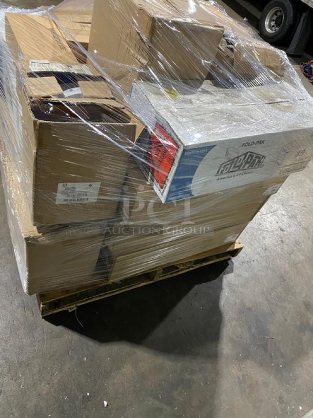 Mixed pallet with Arcoroc knives, Carlisle tongs, ABC forks, San Jamar cutting board, Fold-Pak containers. New, sealed.