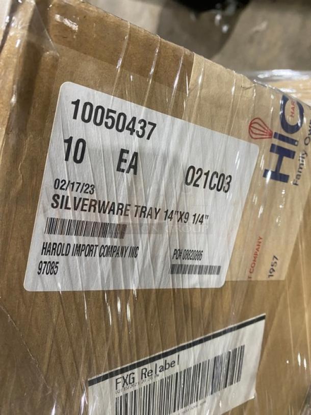 Mixed Pallet with Rubbermaid dust mop heads, Dibbern plates, Cocktail Kingdom shaker, and Harold bamboo trays. Multiple commercial kitchen items. Tags indicate Harold Import Company. Perfect for bulk buyers.