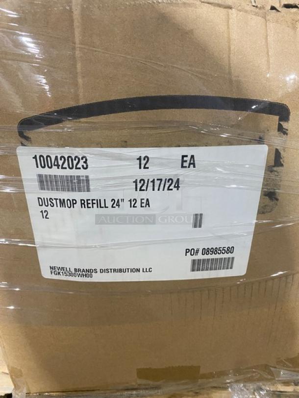 Mixed pallet with Rubbermaid dust mop refills, cases of 12, model FGK15300WH00. New in box, labeled for distribution.