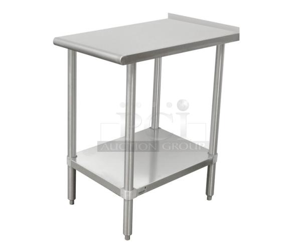 Brand new Advance Tabco stainless steel filler table, 30"x18", model TFMSU180, with adjustable undershelf, on legs.