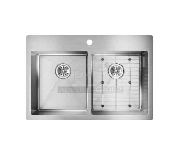 Elkay Crosstown Series 33" stainless steel double basin undermount kitchen sink, model ECTSR33229TBG1, includes basin rack. Brand new.
