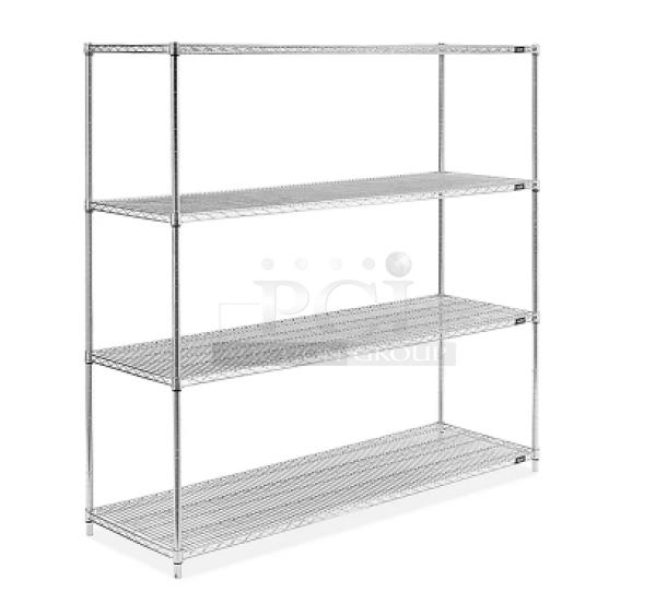 Brand new Metro Super Erecta 4-tier chrome-plated wire shelving unit, model 1860BR/54P, 60"x18" with 54" posts on legs.