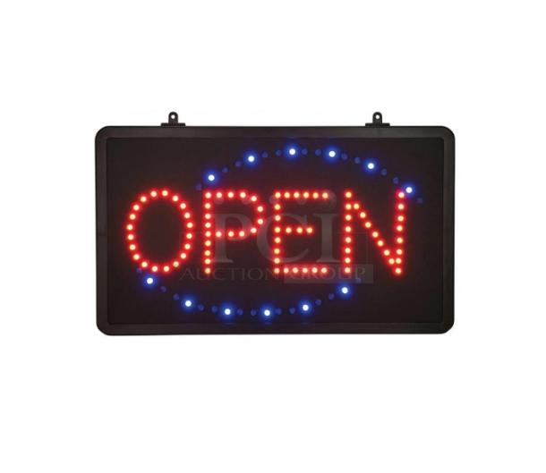 Brand new Winco LED "OPEN" display sign, Model LED-6, with 3-light pattern, includes hanging chain.