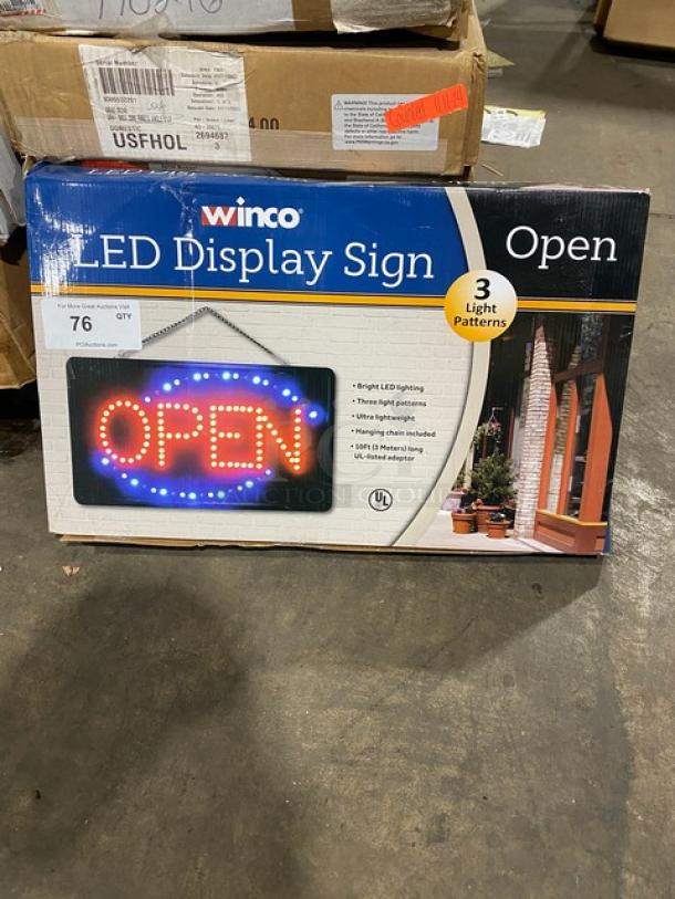 Winco LED-6 commercial "OPEN" sign, new in box. Features 3 light patterns, bright LED, includes hanging chain.