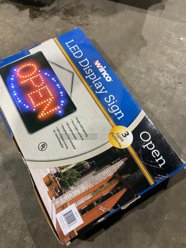 Winco LED-6 Open Display Sign, new in box, features 3 light patterns, includes hanging chain and energy-efficient LED lights.