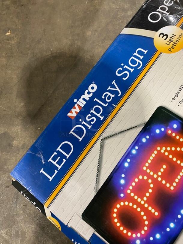 Brand new Winco LED display sign, model LED-6, with 3-light pattern "OPEN" design and hanging chain.