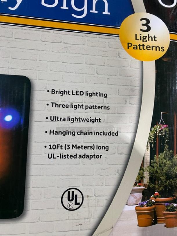 Winco LED6 "OPEN" sign, brand new, features bright LED lighting, 3 patterns, lightweight, includes hanging chain and UL adapter.